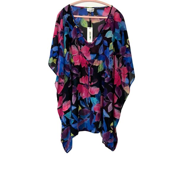 Calvin Klein Swim Pool Beach Sheer Poncho Coverup Multicolor Floral L/XL NWT - Picture 1 of 10